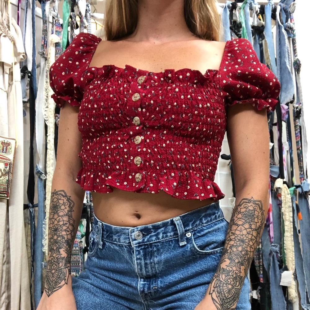 Puffy sleeves picnic crop top